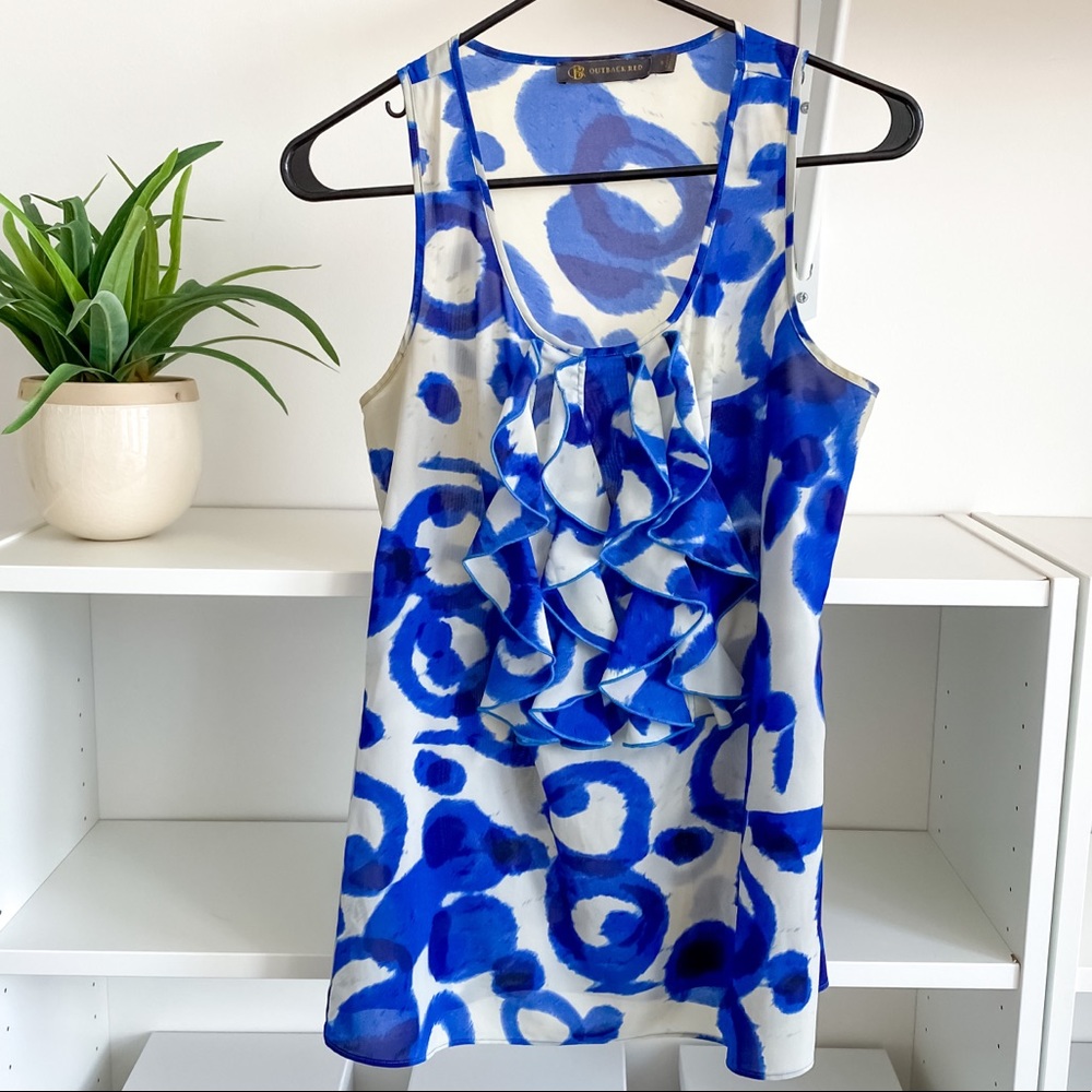 Ruffle Front Blue Print Tank Blouse